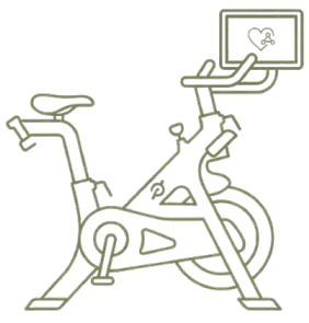 Line art icon of a stationary exercise bike with a digital screen