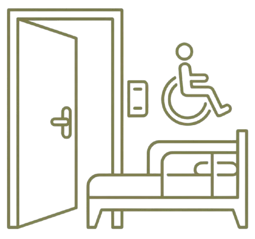 Accessible hotel room icon with wheelchair symbol and bed