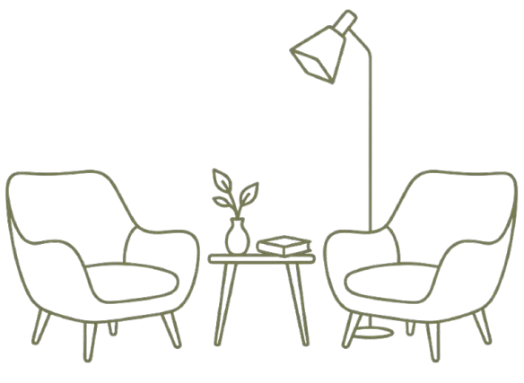 Line art illustration of a cozy lounge seating area with armchairs and a floor lamp