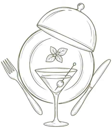 Line art illustration of a cocktail, plate, and cutlery