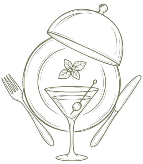Line art illustration of a cocktail, plate, and cutlery