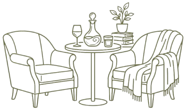 Line drawing of two armchairs and a table with drinks