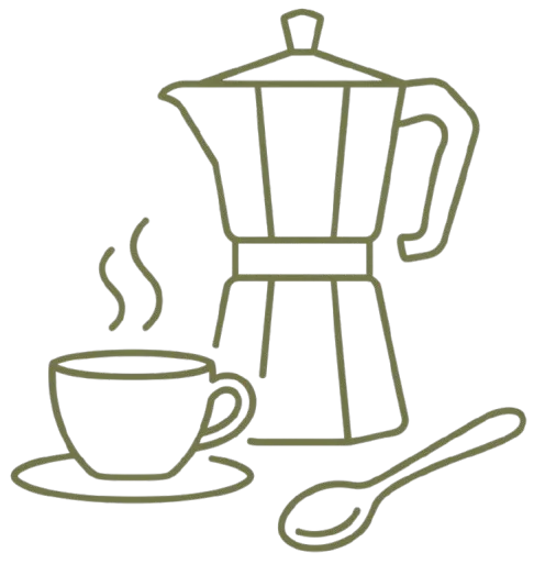 Line art illustration of a coffee maker, cup, and spoon.