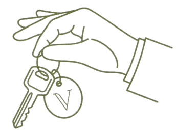 Line drawing of a hand holding a key with a Benson Hotel keychain.