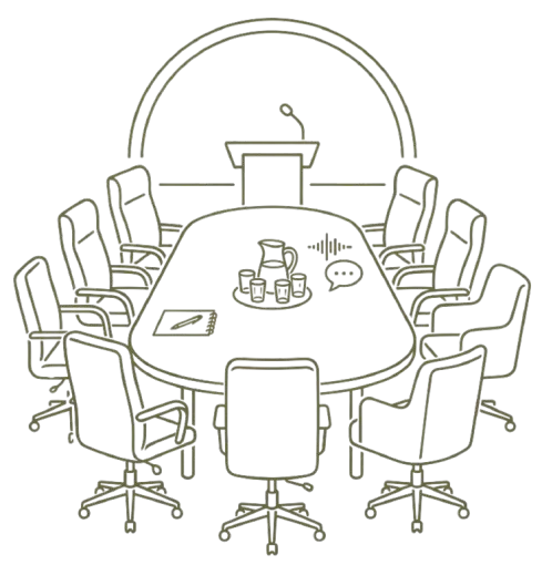 Line drawing of a conference room with a large table and chairs.
