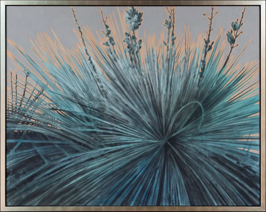 Framed painting of a blue-green desert plant with tall flower stalks