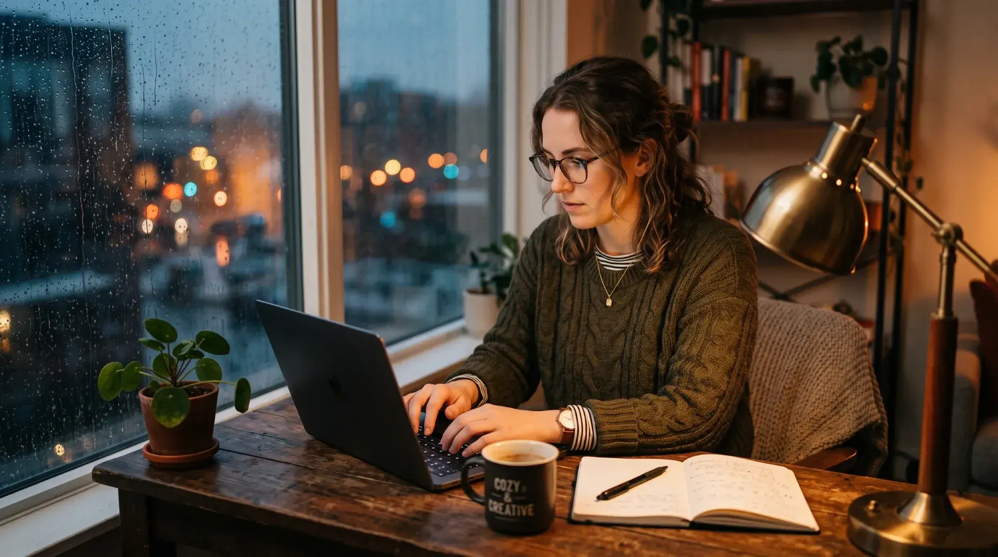 A woman wearing glasses and a green sweater types on a laptop at a wooden desk next to a rainy window, with a coffee mug, notebook, and desk lamp nearby.